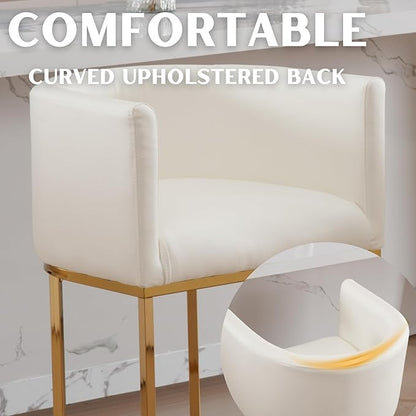 PU Leather Bar Stools Set of 4, Modern Upholstered Counter Height Bar stools 24" Leather Barstools Barrel Kitchen Counter Island Stools with Golden Metal Base, White