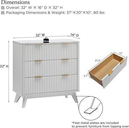 T4TREAM Fluted 3 Drawer Dresser, 32" Tall Modern Chest of Drawers with Faux Marble Top, Curved Profile Design, Wood Drawer Organizer for Bedroom, Living Room, Hallway, Entryway, Solid White