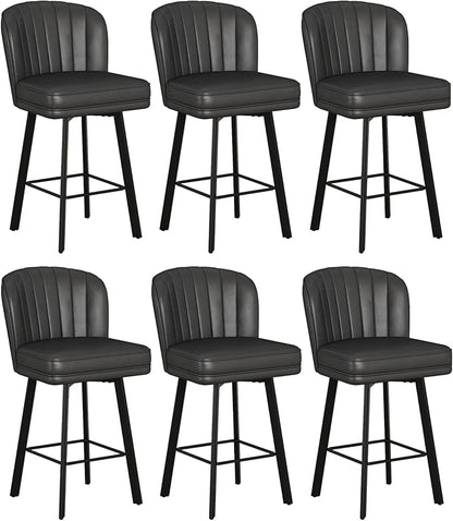 Swivel Counter Height Bar Stools Set of 6, 26'' Modern Barstools with Backs and Metal Legs, Upholstered Bar Chairs, Faux Leather Black Stools for Kitchen Island Chairs