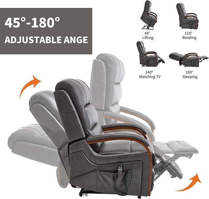 Dual Motor Recliner Lift Chair with Heat and Massage, Heavy Duty Leather Power Lift Recliner Chair Idea Gifts for Seniors, Stand Assistance, Grey