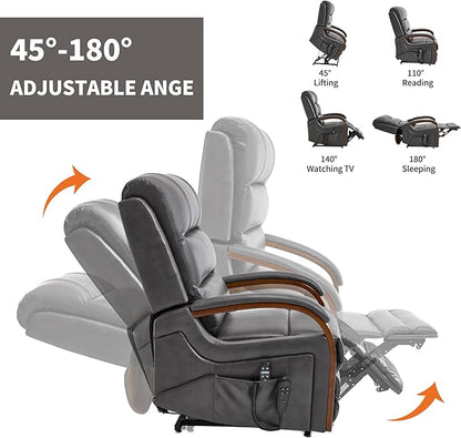 Dual Motor Recliner Lift Chair with Heat and Massage, Heavy Duty Leather Power Lift Recliner Chair Idea Gifts for Seniors, Stand Assistance, Grey
