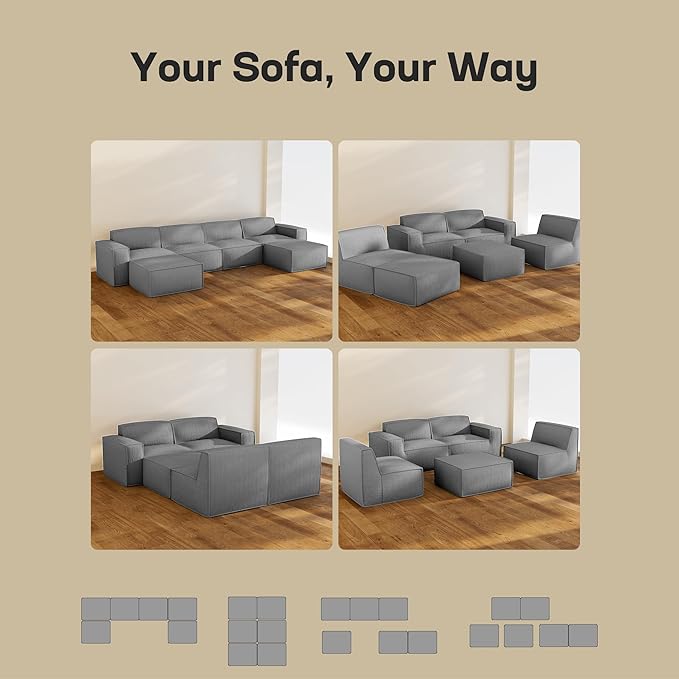 Marsail Modular Sectional Sofa, 142" U-Shaped Modular Sectional Couch with Deep Seat, Freely Combinable Sectional Cloud Sofa for Living Room, No Assembly, Plush Corduroy Fabric, Grey