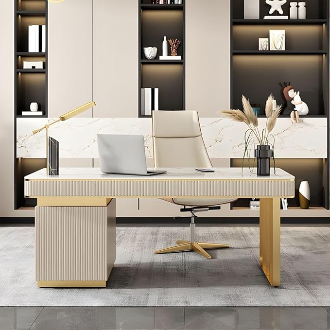 RUNNUP Stone top Computer Desk with 5 Drawers, Rectangular Home Computer Desk Writing Desk, Modern Executive Desk, Without Chairs, Khaki, 63" L x 23.5" W x 29.5" H