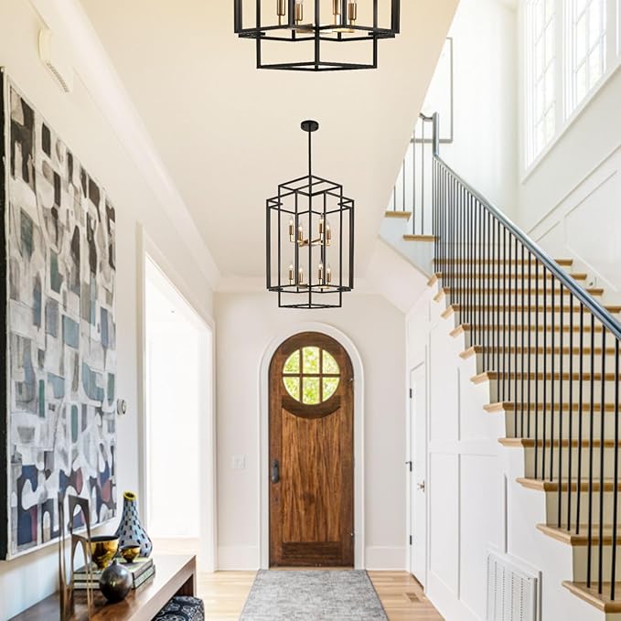 WJShome High Ceiling Foyer Chandelier: 8-Light Farmhouse Lantern Chandeliers for Entryway Industrial Large Pendant Light Fixtures for Entry Staircase Hallway Dining Room Kitchen Island, Black & Gold