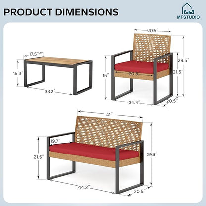 MFSTUDIO 4 Pieces Outdoor Patio Furniture Set, Outdoor Rattan Loveseat Furniture with Wood Table, Loveseat & Chairs, Small Patio Sectional Sofa Set for 4, Red