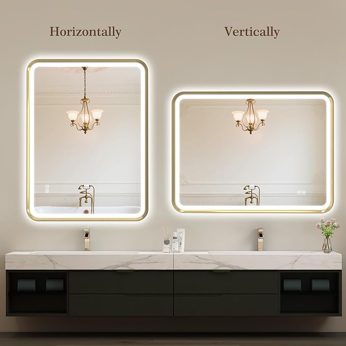 S'bagno 32X24 Gold LED Mirror for Bathroom with Frontlit & Backlit, LED Bathroom Mirror with Metal Frame, Anti-Fog, Stepless Dimmable, 3 Colors Temperature LED Vanity Mirror(Horizontal/Vertical)