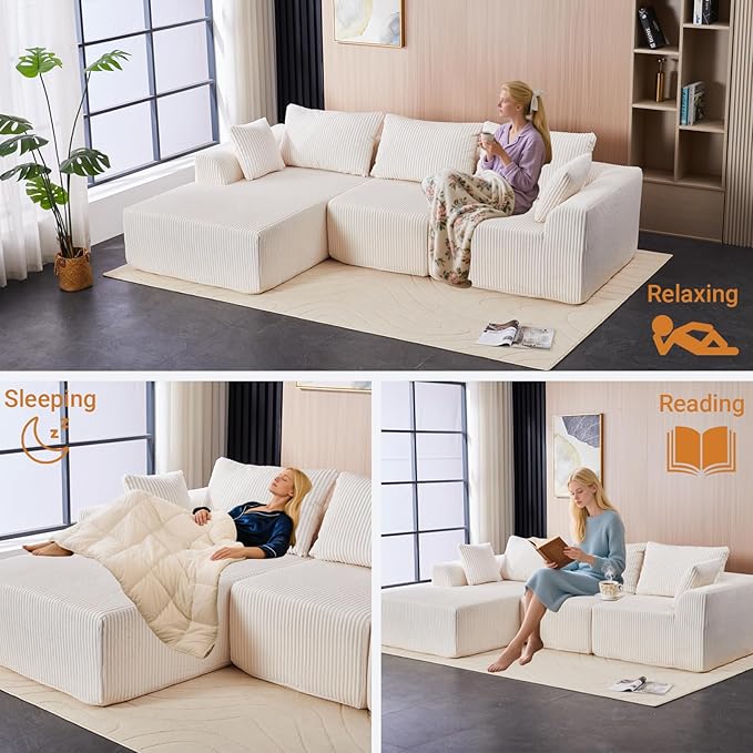 Sidanli 110" Modular Sectional Sofa, Cloud Sectional Couch with L-Shape Chaise, Modern Couch with Deep Seat for Living Room Bedroom, No Assembly Required, Beige (Soft Corduroy Fabric, Left Facing)