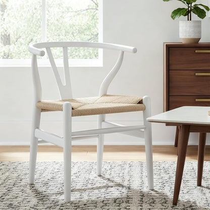 Tomile Wishbone Chairs Set of 2, Modern White Dining Chair with Arms, Solid Ash Wood Frame with Woven Seat, Mid-Century Y-Back Design for Kitchen & Dining Room Chairs Set (Ash Wood - White)