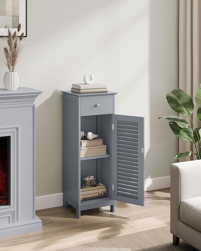 VASAGLE Storage Cabinet, Small Slim Floor Cabinet with Drawer and Shutter Door, for Living Room, Bathroom, Bedroom, 11.8 x 12.6 x 34.3 Inches, Dove Gray UBBC043G02