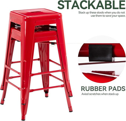 Vogue Furniture Direct 24 Inch Metal Bar Stools, Backless Counter Height Barstools, Indoor Outdoor Stackable Stools with Square Seat, Set of 2 (Red)
