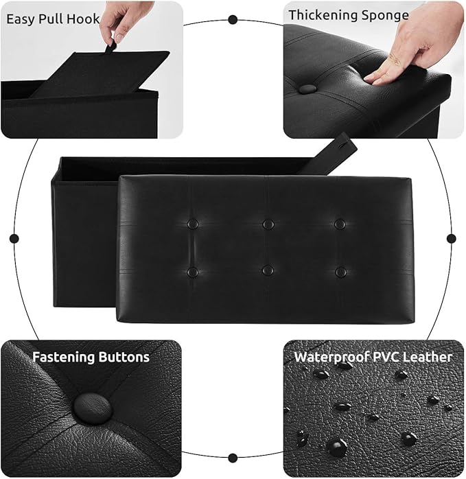 YOUDENOVA 30 inches Folding Storage Ottoman, 85L Storage Ottoman Bench for Living Bedroom and Hallway, Faux Leather Black Footrest with Foam Padded Seat, Black