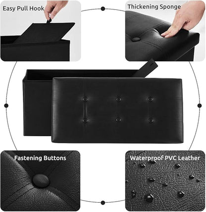 YOUDENOVA 30 inches Folding Storage Ottoman, 85L Storage Ottoman Bench for Living Bedroom and Hallway, Faux Leather Black Footrest with Foam Padded Seat, Black