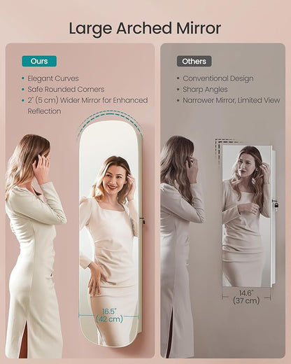 SONGMICS Jewelry Organizer, LED Jewelry Cabinet Wall/Door Mounted, Lockable Rounded Wide Mirror with Storage, Christmas Gift, 3.9 x 16.5 x 55 Inches, White Surface with Greige Lining