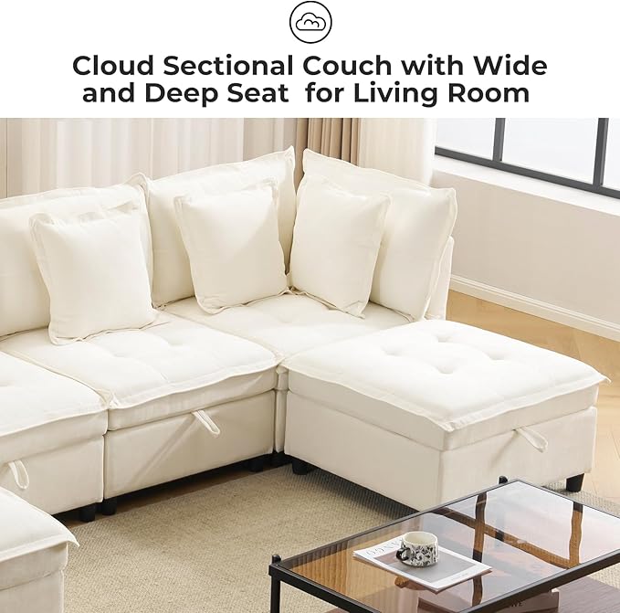 133" Modular Sectional Sofa, Comfy Cloud Couch Sectional Sofa with Large Storage, Chenille Sofa Sleeper Deep Seat Sofa with Throw Pillows for Living Room, U Shaped Sofa, White