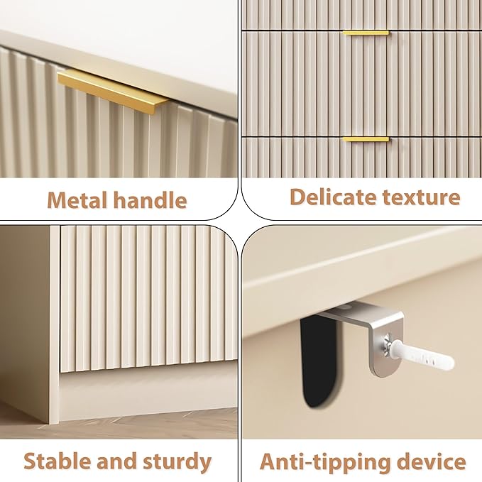 Beige 7 Drawer Dresser for Bedroom, Modern Fluted Dresser with Gold Metal Handles, Wide Chest of Drawers for Bedroom,Living Room, Entryway, Hallway, 55.9" L x 15.7" D x 31.4" H