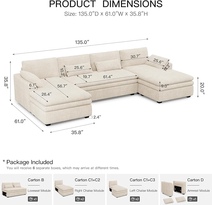 Belffin Large Modular Sectional Sofa with Double Deep Chaise, 135" Corduroy U Shaped Sectional Couch with 9" Soft Dual-Layer 6 Seats U Shaped Couch for Living Room, Apartment, Beige