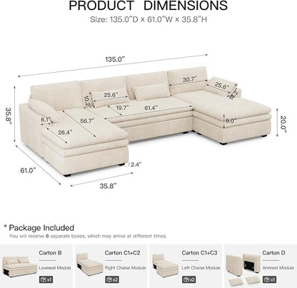 Belffin Large Modular Sectional Sofa with Double Deep Chaise, 135" Corduroy U Shaped Sectional Couch with 9" Soft Dual-Layer 6 Seats U Shaped Couch for Living Room, Apartment, Beige