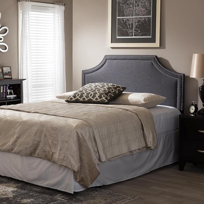 Urban Upmarket Modern and Contemporary Fabric Upholstered Headboard, Nailded Trim Head Board Grey/Full