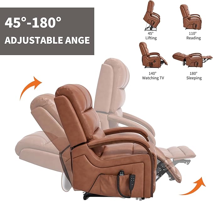 Dual Motor Recliner Lift Chair with Heat and Massage, Heavy Duty Leather Power Lift Recliner Chair Idea Gifts for Seniors, Stand Assistance, Orange