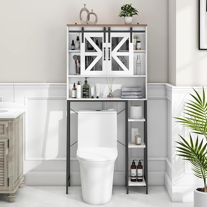 Vabches Over The Toilet Storage Cabinet, Farmhouse Storage Cabinet Over Toilet with Sliding Barn Door，Home Space-Saving Toilet Rack, for Bathroom, Restroom, Laundry