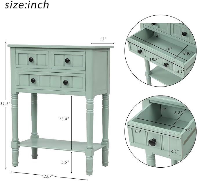 Knocbel Slim Antique Entry Console Table with Drawers & Bottom Open Shelf, Solid Wood Sofa Couch Table for Entryway Hallway Living Room (Mint Green)