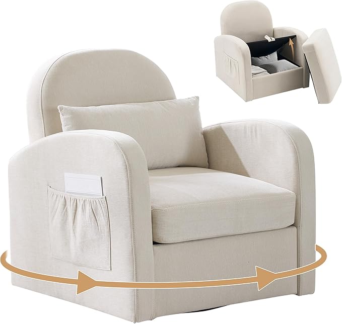 MELLCOM Oversized Swivel Accent Chair with Hidden Storage, Comfy Chenille Fabric Upholstered Leisure Armchair with Lumbar Pillow and Side Pocket for Living Room Bedroom Reception Room and Office