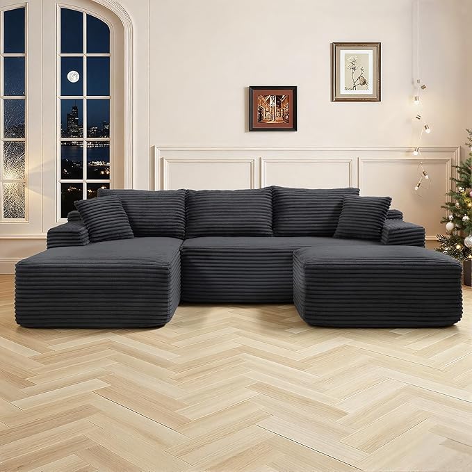 108 Inch Cloud Sectional Couch,Modern Modular Sectional Sofa with Deep Seat,Corduroy Boneless Couches with L-Shape Chaise for Living Room,No Assembly Required (Black, Right Facing Chaise + Ottoman)