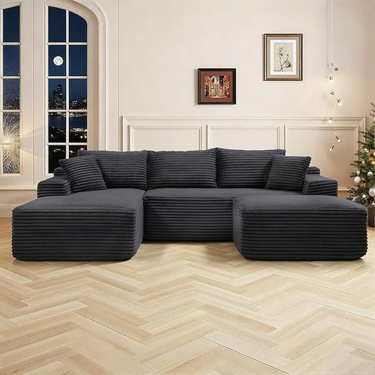 108 Inch Cloud Sectional Couch,Modern Modular Sectional Sofa with Deep Seat,Corduroy Boneless Couches with L-Shape Chaise for Living Room,No Assembly Required (Black, Right Facing Chaise + Ottoman)