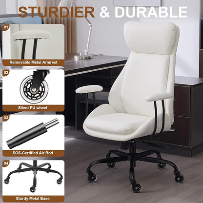 Home Office Desk Chair, PU Casters Ergonomic Computer Chair with Lumbar Support, Adjustable Height, 360°Rolling Swivel Chair, High Back Executive Task, Padded Armrests Chair, White Leather