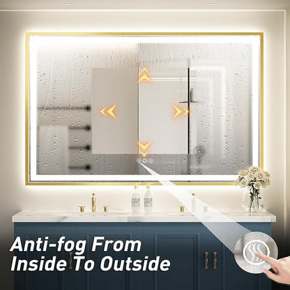 55X36 Inch Led Bathroom Mirror,Frontlit and Backlit Lighted Mirror,Gold Metal Frame Vanity Mirror for Wall,Double Lights Strips,Anti Fog Stepless 3 Colors Temperature & Dimmable