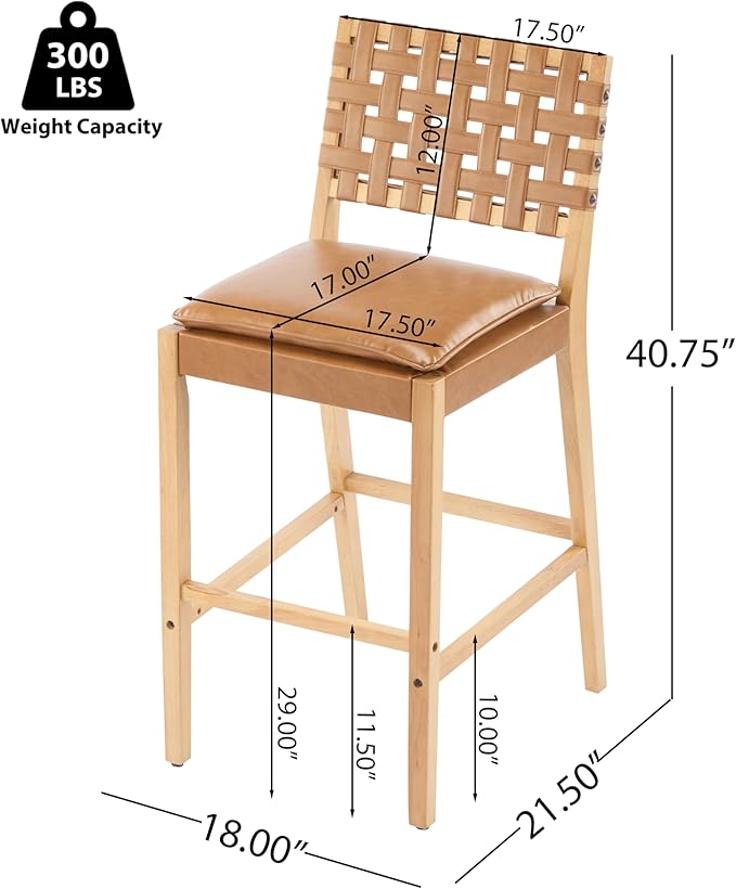 Christopher Knight Home Caitlyn lndoor Barstool Set of 2, Counter Height Stool with Footrest/Backrest for Bar Table, Natural Rubberwood Frame with Faux Leather Upholstery Counter Stool, Brown+Natural