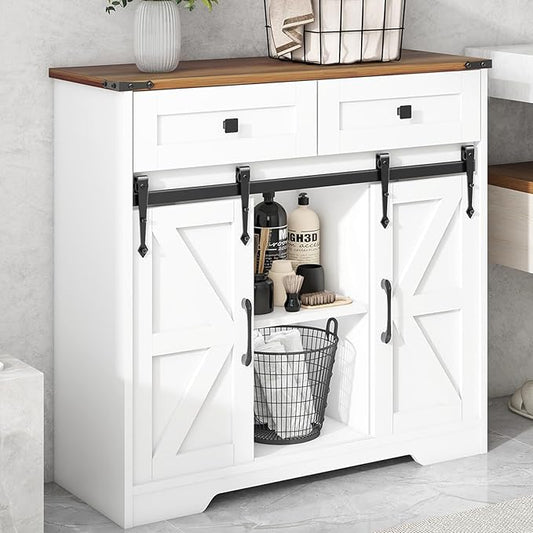 Vabches Bathroom Floor Cabinet, Farmhouse Storage Cabinet with Sliding Barn Door and Storage Drawers, White Buffet Cabinet with Adjustable Shelves for Bathroom, Kitchen, Entrance Area, Living Room
