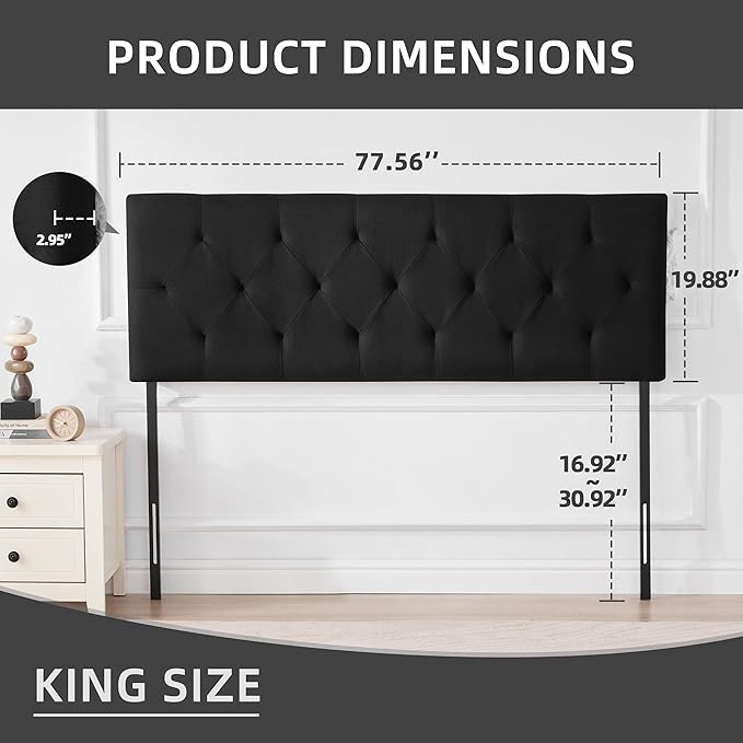 Linen Upholstered Headboard King Size, Modern Diamond Tufting Solid Wood California King Headboard Only, Adjustable Height from 37” to 51” Head Board, Bed Frame or Wall Mount Headboards, Black