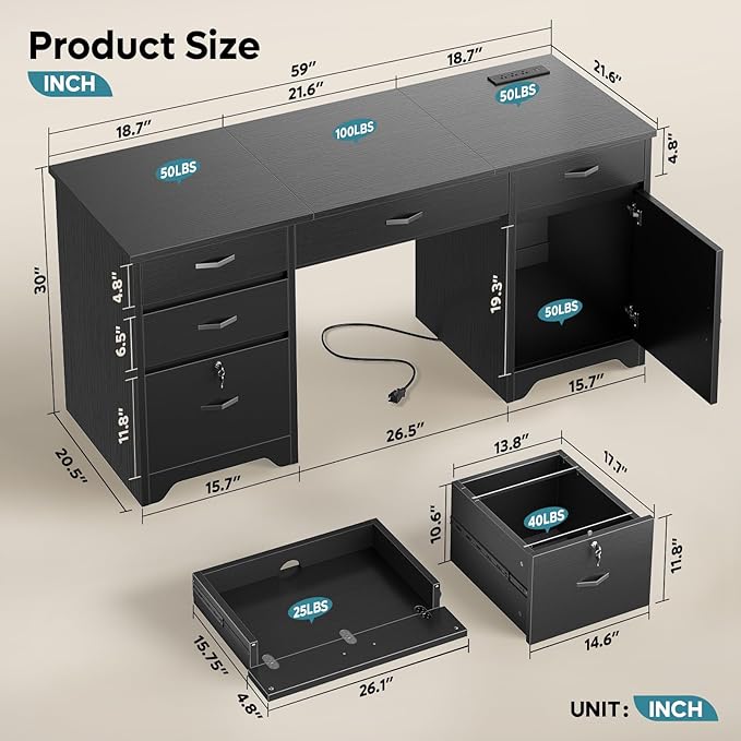 Bestier 59” Office Desk with Lockable Drawers, Modern Computer Desk with File Drawer, Charging Station & Drop-Front Keyboard Drawer, Executive Desk with Storage Cabinet for Home Office & Studio, Black