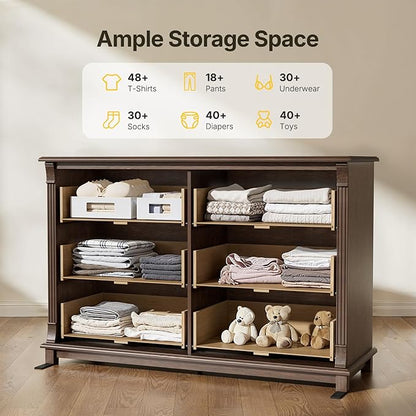 Amada 6 Drawers Dresser for Bedroom, Farmhouse 47" Wide Dresser & Chest of Drawers with Roman Column Design, Large Storage Organizer with 6 Drawer Sizes for Bedroom, Living Room