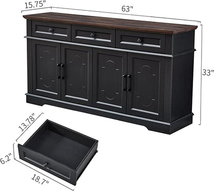 63" Black Buffet Sideboard Cabinet with 4 Doors and 3 Drawers, Modern Farmhouse Kitchen Storage Cabinet, Coffee Bar Cabinet with Adjustable Shelves, Kitchen Living Room Storage, Dining Room