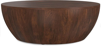SIMPLIHOME Elmbrook Coffee Table - 34 inch Wide Solid Mango Wood Modern Industrial Round Drum Cocktail Table in Walnut Brown, Sculptural Living Room Table with Low Profile Design, Assembled