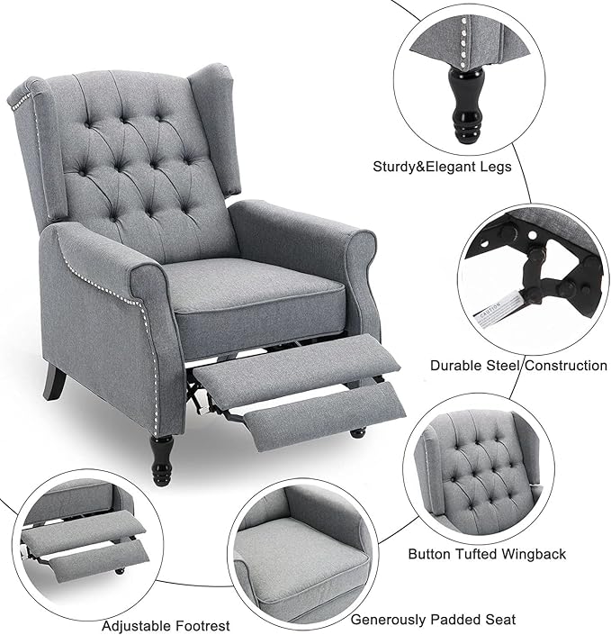 Pushback Recliner Chair, Modern Accent Arm Chair, Fabric Wingback Chair for Living Room Bedroom, Grey