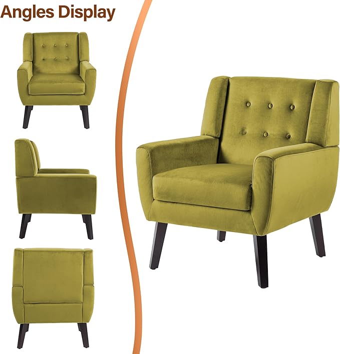 Lumibee Accent Chair, Modern Velevet Armchair for Living Room, Comfy Upholstered Arm Chair Tufted for Indoor Bedroom Office Room (Green Velvet)