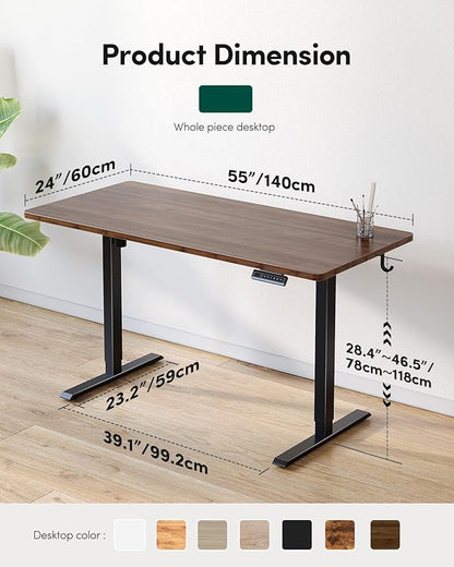 FEZIBO One-Piece Standing Desk Adjustable Height Stand up Home Office Desk, 55x24 Inch Electric Standing Computer Desk, with 4 Memory Presets, Headphone Hook, Black Walnut