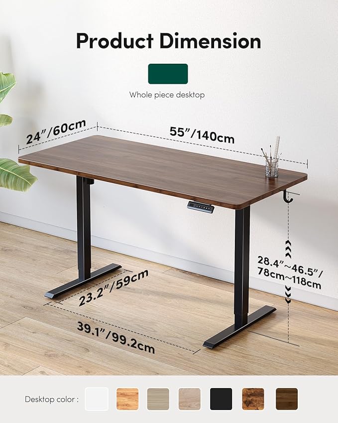 FEZIBO One-Piece Standing Desk Adjustable Height Stand up Home Office Desk, 55x24 Inch Electric Standing Computer Desk, with 4 Memory Presets, Headphone Hook, Black Walnut