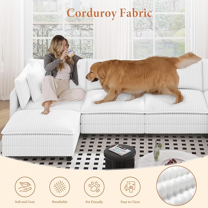 Vesgantti 143" U Shaped Sectional Modular Couch, Comfy Corduroy Upholstered Modular Cloud Sofas for Living Room, Modern Sectional Sofa with 2 Ottoman Deep Seat, Warm White