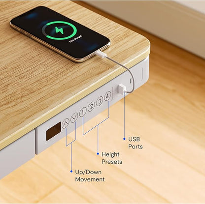 FLEXISPOT Electric Standing Desk with Drawer Storage Adjustable Height Quick Assembly Table w/USB Charge Ports, Child Lock （Natural Desktop + White Frame）