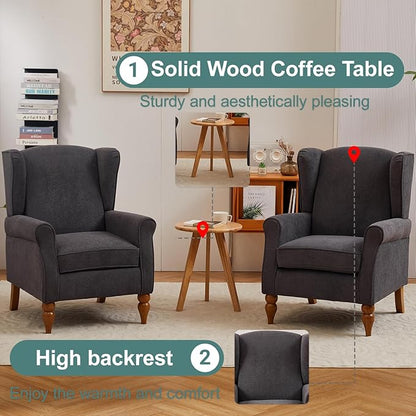 ZMAD Accent Chair, Upholstered High Back Floral Armchair Wood Legs, Comfy Wingback Reading Single Sofa Chair,Plus a Solid Wood Coffee Table for Small Spaces, Living Room, Bedroom (Antique Dark Grey)
