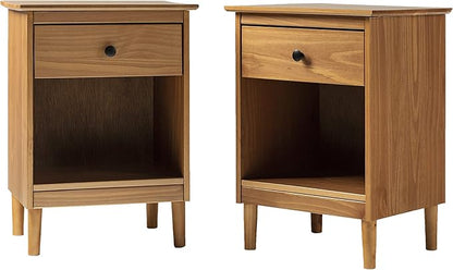 Walker Edison Russ Mid Century Modern 1-Drawer Solid Wood Nightstand Set, 2 Pack, Caramel