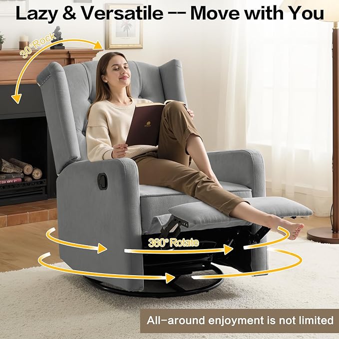 ABAKAN Swivel Rocker Recliner Chair, 360 Degree Nursery Rocking Recliner, Linen Glider Chair with Button Tufted Wingback Chair, for Living Room, Bedroom, Grey