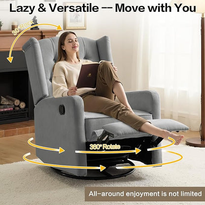 ABAKAN Swivel Rocker Recliner Chair, 360 Degree Nursery Rocking Recliner, Linen Glider Chair with Button Tufted Wingback Chair, for Living Room, Bedroom, Grey