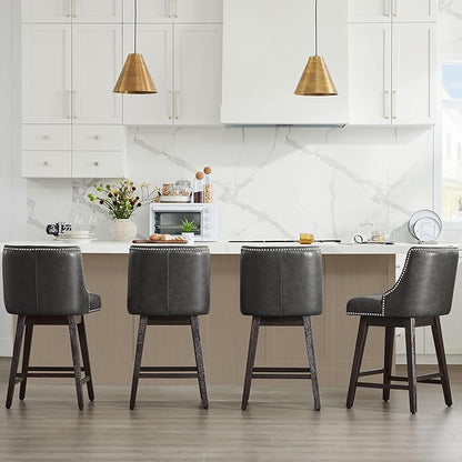 CHITA Counter Height Swivel Bar Stools Set of 4, FSC Certified Upholstered Counter Stools, Modern Swivel Barstools with Wood Legs for Kitchen Island, 26" Seat Height, Faux Leather in Retro Grey