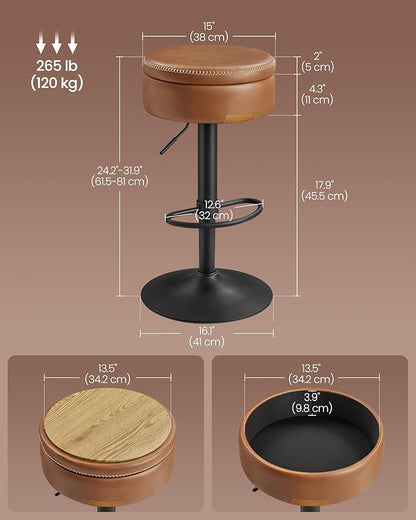 VASAGLE EKHO Collection - 360° Swivel Bar Stools Set of 4, Height Adjustable Barstools with Storage, Synthetic Leather with Stitching, Mid-Century Modern, Kitchen Bar, Easy Assembly, Caramel Brown