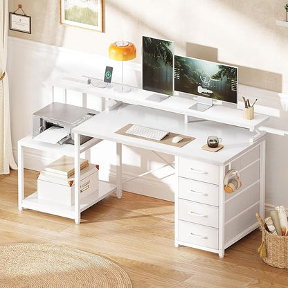 ODK 55 Inch Gaming Computer Desk with Power Outlets and 4 Drawers, Large Home Office Desk with Monitor Stand, Printer Shelf and Storage Shelves for Gaming or Bedroom Setup, White